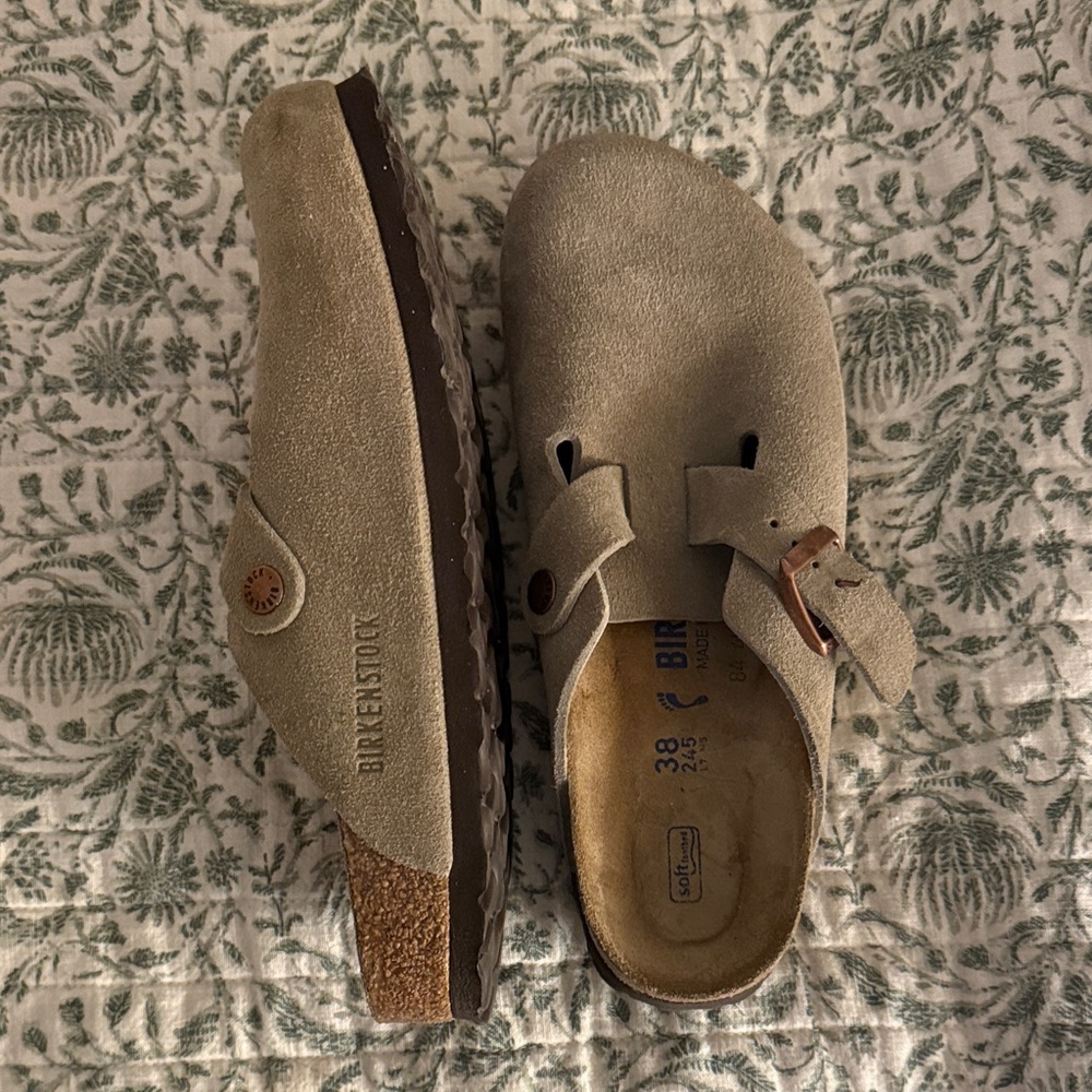 Birkenstock Boston Beige Suede Mules - never worn outside